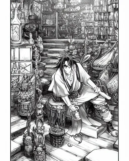 Image similar to A merchant selling treasuries and potions, high detailed store, black and white, fantasy art, in the style of masami kurumada, illustration, epic, fantasy, intricate, hyper detailed, artstation, concept art, smooth, sharp focus, ray tracing