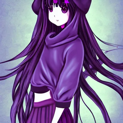 Image similar to Beautiful Digital illustration of long purple haired anime girl with black hoodie and enderman hat