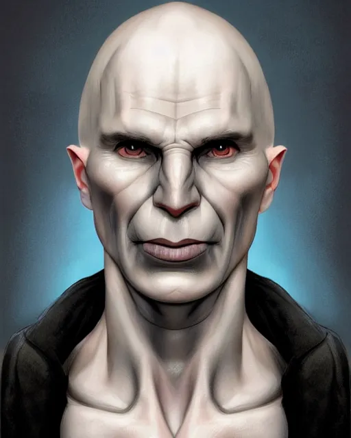 Prompt: portrait of lord voldemort, a 4 0 - year - old bald man, with a white complexion, wide, cat - like scarlet eyes, without nose, and a thin mouth, hyper realistic face, beautiful eyes, character art, art by mark brooks, hyperdetailed, cryengine, trending on artstation, digital art