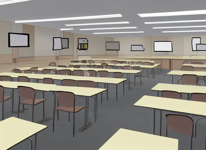Prompt: Typical anime classroom, empty, quiet, digital art, background, render, soft lighting