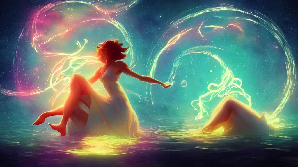 Image similar to a beautiful whimsical goddess floating above a lake basking in the moonlight, firebending, underneath a multi-colored binary blackhole with an accretion disc, glowing trails following her arms, synthwave, by Lois van Baarle, by Greg Rutkowski, by artgerm, by beeple, by studio ghibli, cinematic angle, volumetric lighting, 4k resolution, octane render, trending on artstation, masterpiece