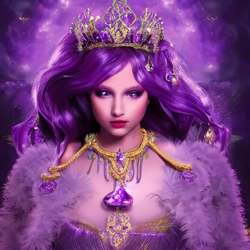 Prompt: ! dream portrait princess of amethyst, glowing, ornate and intricate purple jewelry, jaw dropping beauty, glowing background lighting, purple accent lighting, hyper detailed, fairy tale, 4 k octane render