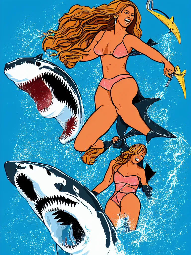 Image similar to digital vector art of Beyonce riding a great white shark with a trident, inspired by Dinsey movies, artstation