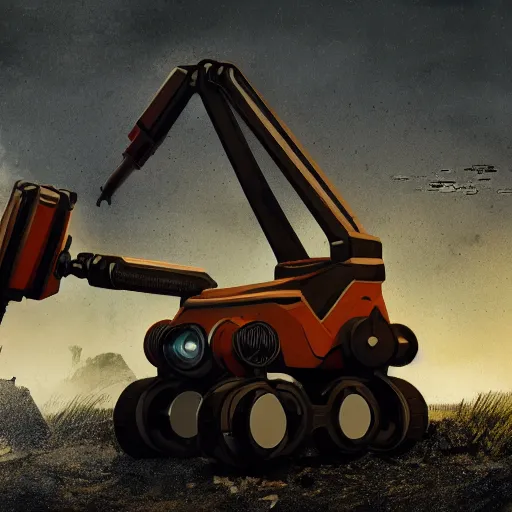 Prompt: giant scary quadrupedal mining robot with drill, four legs, highly detailed body, retro, industrial, dark, dystopian, apocalyptic, clean, in the style of simon stalenhag, 8 5 mm f / 1. 4