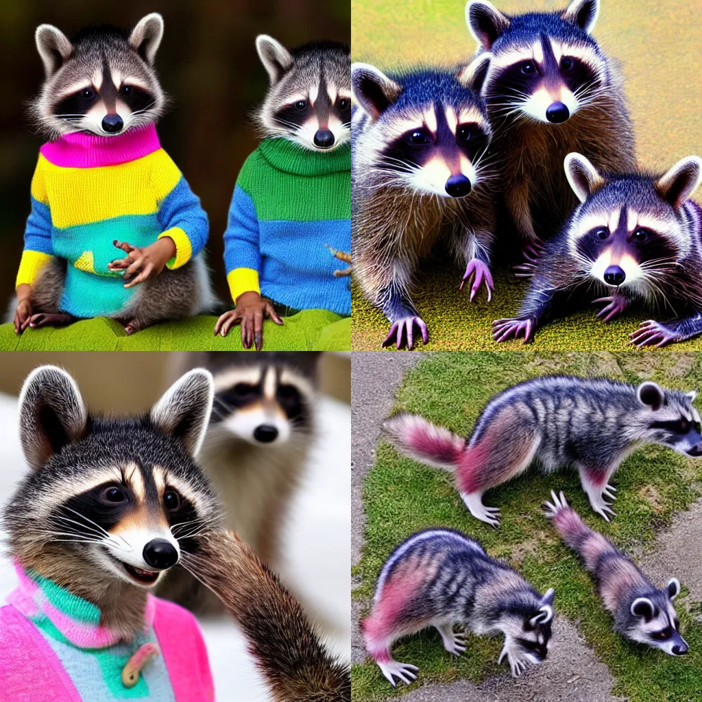 Prompt: happy racoons wearing colourful turtlenecks