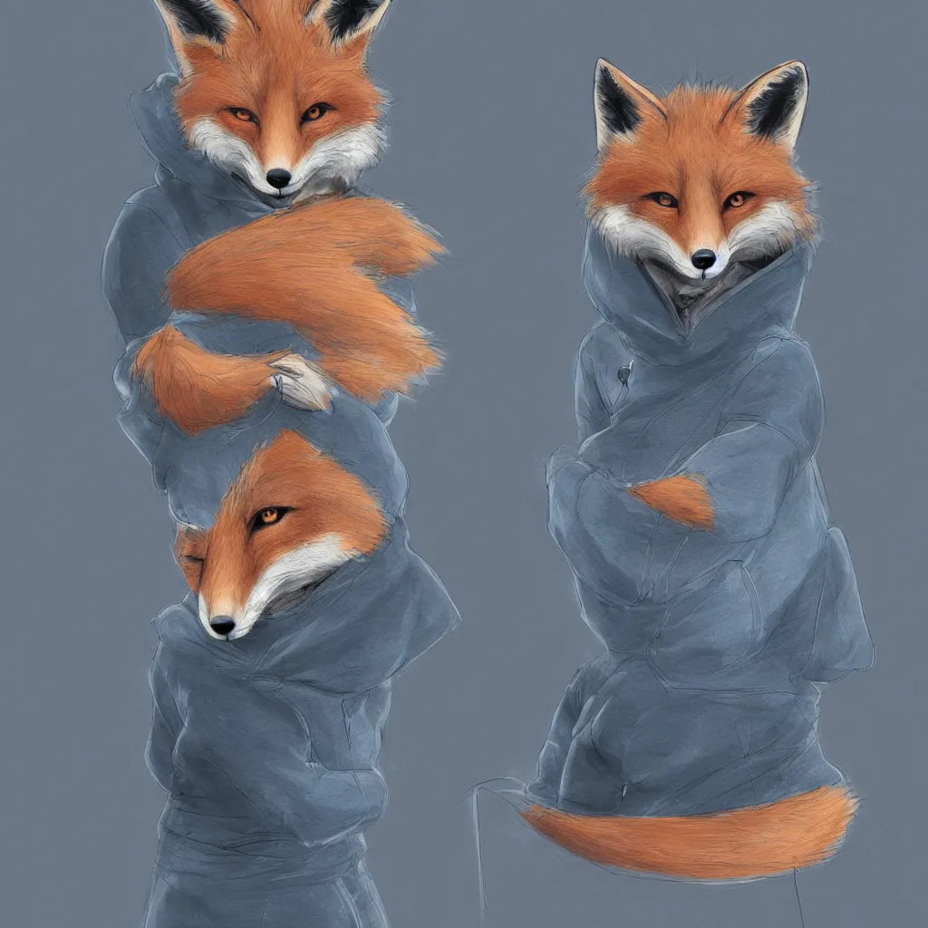 Image similar to an anthropomorphic fox in a blue hoodie sitting in front of the computer, dark tones, concept art, digital art, highly detailed, anime, by hayao miyazaki