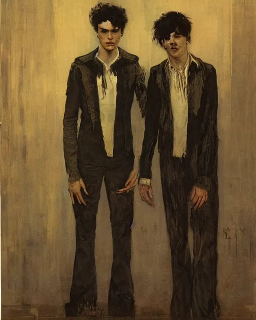 Prompt: two handsome but sinister young men in layers of fear, with haunted eyes and wild hair, 1 9 7 0 s, seventies, wallpaper, a little blood, moonlight showing injuries, delicate embellishments, painterly, offset printing technique, by coby whitmore, jules bastien - lepage