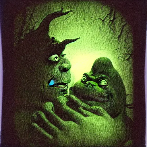 Prompt: old polaroid photo of creepy shrek staring from the depths of the dark gloomy forest, art by beksinski, bernie wrightson, john carpenter, creepy pasta, photorealistic, grainy, found footage, old film, low quality, horror, creepy, unsettling, terrifying