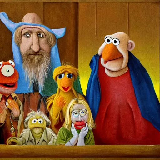 Image similar to painting of muppets at church, in the style of hieronymus bosch and johannes vermeer