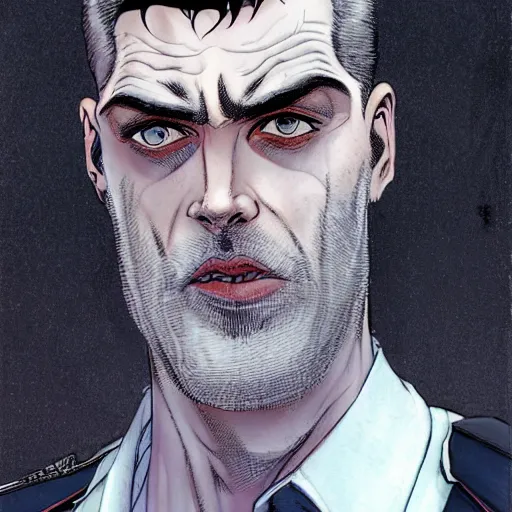 Image similar to portrait of a greying pale vampire police officer with short hair and a patchy beard, close up, grimy streets backdrop, highly detailed, sharp focus, perfect eyes, art by russell dauterman and patrick gleason