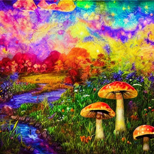 Prompt: an impressionist painting of a gorgeous meadow filled with colorful mushrooms with a stream flowing through it, psychedelic colors, starry sky in background, high detail, trending on artstation