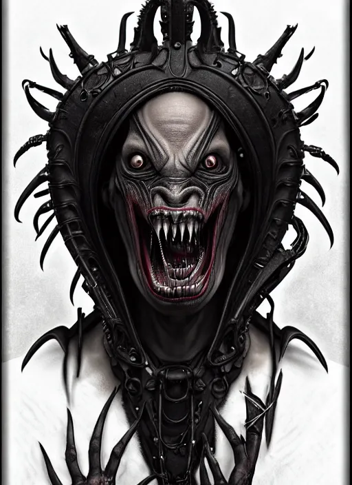 Image similar to ultra realistic, male human predator alien hybrid, fangs, goth, tattoos, leather, fantasy, flesh, bone, body horror, intricate details, eerie, highly detailed, octane render, 8 k, art by artgerm and alphonse mucha and greg rutkowski