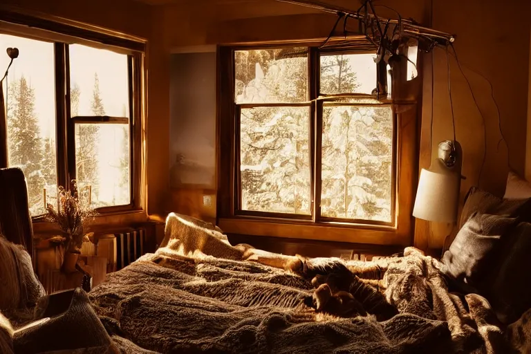 Image similar to interior of a cozy room in Aspen, golden hour, sunbeams, volumetric lighting, cozy, super cozy, cozy!, very cozy, comfortable, warm, coziest room in the world, by Emmanuel Lubezki