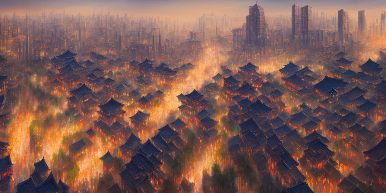 Image similar to a beautiful painting of a ancient big city of china, light effect, unreal engine, super wide angle, by yuumei and yanjun chen, trending on artstation