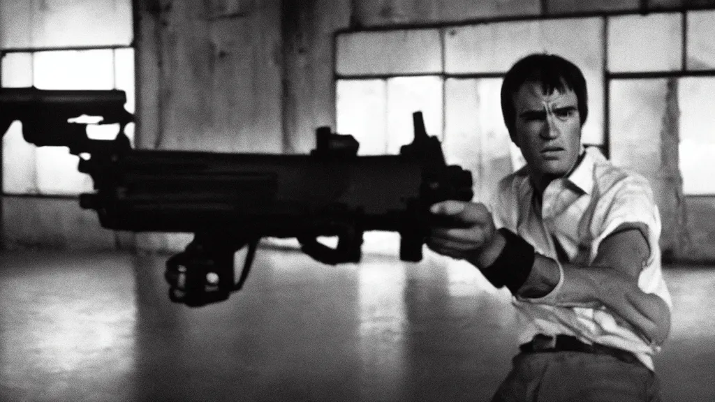 Image similar to film still of a wounded man in a white shirt laying in a warehouse next to a gun on the ground. moody, grainy, 4 k, directed by quentin tarantino,