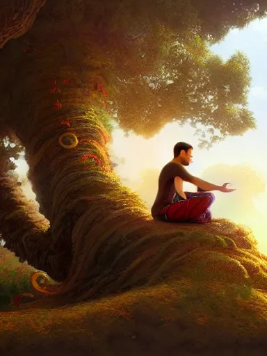 Prompt: a grumphy man, meditating under a bodhi tree. intricate, elegant, highly detailed, digital painting, artstation, concept art, sharp focus, illustration, by justin gerard and artgerm, 8 k