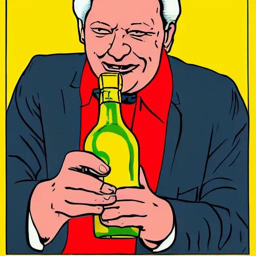 Image similar to yeltsin with a bottle of vodka in his hand encourages people to drink vodka, art in the style of soviet propaganda posters in color