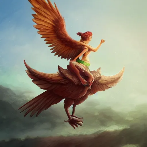 Image similar to a girl riding a giant bird, trending on artstation