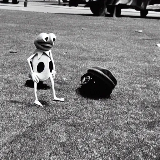 Prompt: Kermit the Frog on the grassy knoll, Dallas. November 22, 1963. black and white 16mm film frame