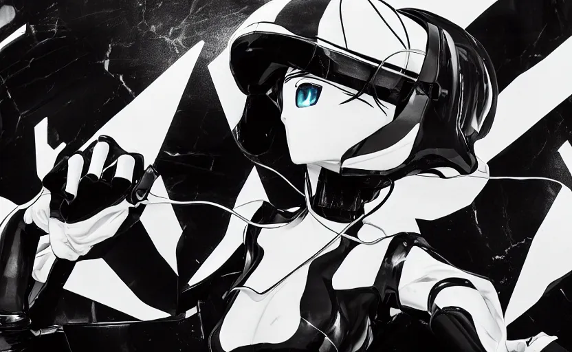 Image similar to black and white billboard advertisement with an extremely beautiful photo of a white marble statue of an anime girl with motocross logos and motorcycle helmet with closed visor, smoke in the background, carved marble statue, fine art, neon genesis evangelion, virgil abloh, offwhite, denoise, highly detailed, 8 k, hyperreal