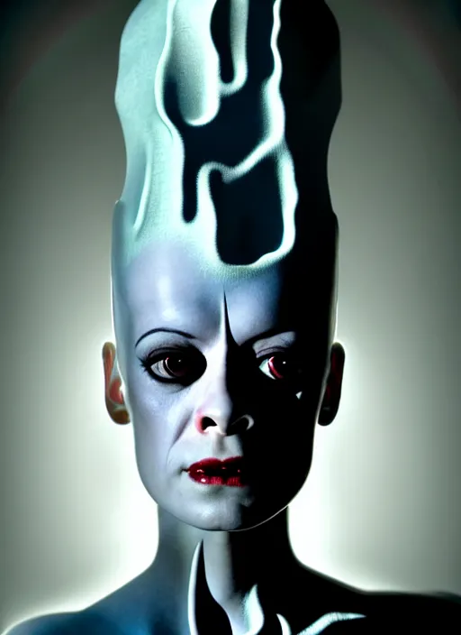 Image similar to portrait of beautiful gentle futuristic bride of frankenstein from the movie bride of frankenstein, kintsugi, modern fine art, fractal, intricate, elegant, highly detailed, digital photography, subsurface scattering, by jheronimus bosch and greg rutkowski, still from the movie ex machina, smooth healthy skin, high key lighting