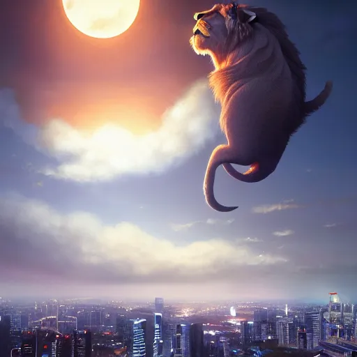 Prompt: Singapore city with a lion-shaped cloud in the sky and a squadron of chinooks flying in the sky and a crescent moon and five stars in the sky, by greg rutkowski, red and white lighting, digital art, ultra realistic, ultra detailed, photorealistic, 4k, character concept