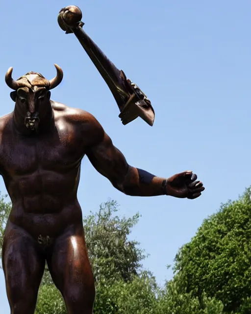 Prompt: a giant bronze statue of a minotaur, bull man hybrid being holding a spear and shield