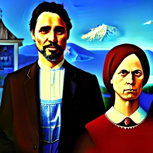 Prompt: Justin Trudeau and Jagmeet Singh in the american gothic painting, concept art, sharp focus, highly detailed digital painting by Grant Wood, artstation