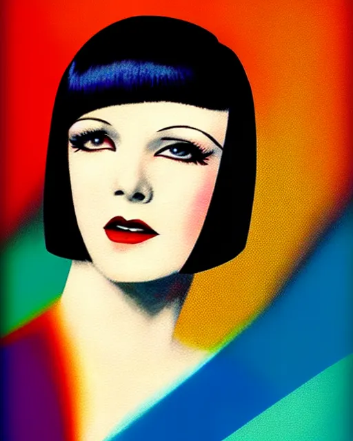 Image similar to full length portrait of 2 0 year old mary louise brooks dancing, shiny bob haircut, dramatic light, abstract art deco city background, air brush art, high contrast, sharp,, painted by ross tran 1 9 2 0 s