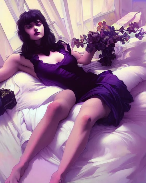 Image similar to emily rajtkowski, goth, posing, vaporwave, modern bedroom!!!!!, highly detailed, digital painting, artstation, concept art, smooth, sharp focus, illustration, art by artgerm and greg rutkowski and alphonse mucha