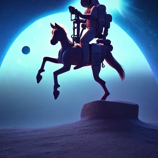 Image similar to digital art of centaur riding on top of an human astronaut back. from western by hiroyuki okiura and katsuhiro otomo and alejandro hodorovski style with many details by mike winkelmann and vincent di fate in sci - fi style. volumetric natural light photo on dsmc 3 system,