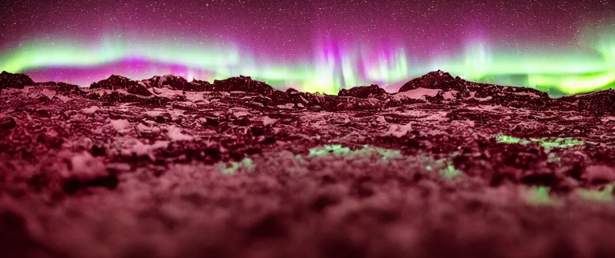 Image similar to an ground level extreme closeup movie like 3 5 mm film depth of field photograph a puddle of dark red wine under the northern lights in antarctica at night, in the style of macro photography, in the style of a 1 9 8 0 s horror film