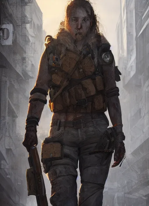 Prompt: portrait of a survivalist woman in a post apocalyptic city at dawn, beautiful digital concept art trending on artstation, ultra - realistic lifelike high details, realistic face, cinematic lighting