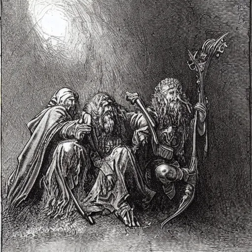 Image similar to lord of the rings, by gustave dore and albrecht durer