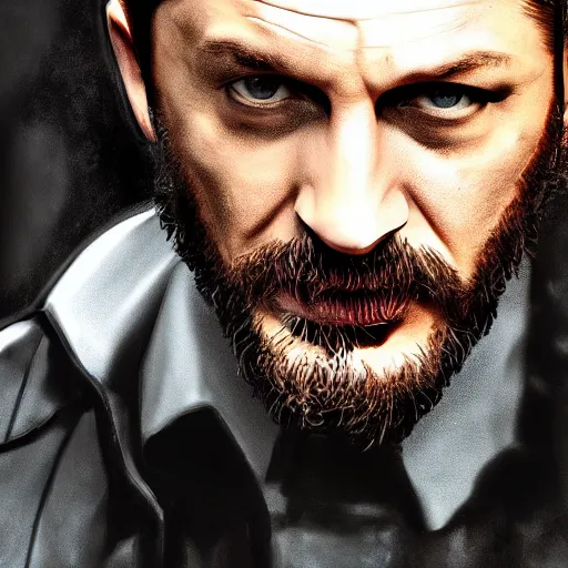 Image similar to Tom Hardy as wolverine in Black Damaged leather suit Digital art 4K quality