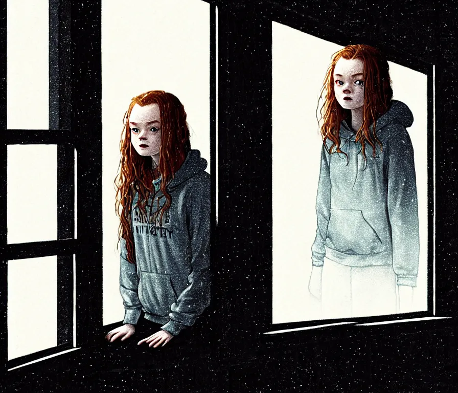 Image similar to sadie sink in hoodie sits on windowsill, knees tucked in | rain falls at night : storyboard, scifi cyberpunk. by gabriel hardman, joe alves, j. todd anderson, chris bonura. cinematic atmosphere, detailed and intricate, perfect anatomy