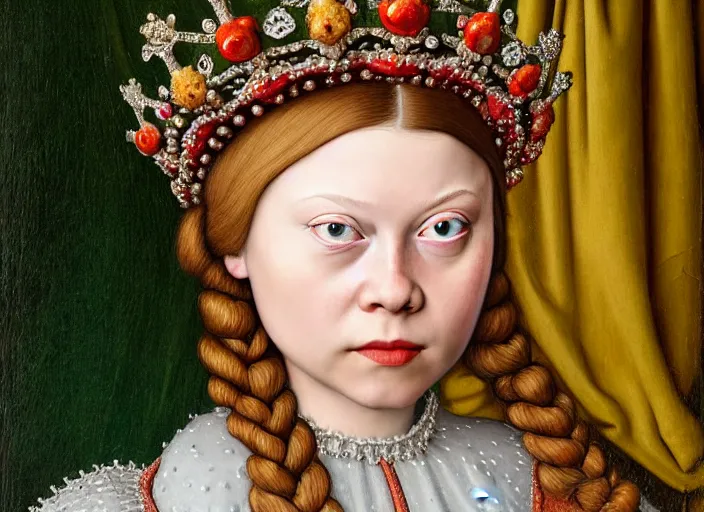 Image similar to closeup profile medieval jan van eyck portrait of greta thunberg as a fairytale princess wearing a crown eating cakes in the castle kitchen, nicoletta ceccoli, mark ryden, lostfish, max fleischer, hyper realistic, artstation, illustration, digital paint, matte paint, vivid colors, bright, cheerful, detailed and intricate environment