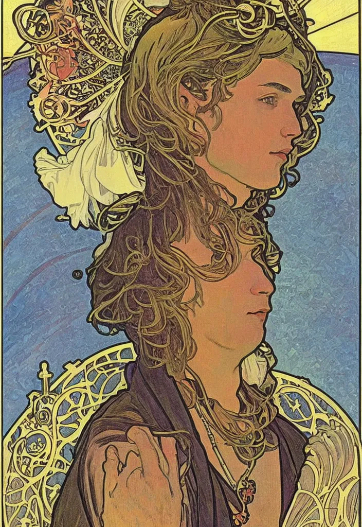 Image similar to geoffrey hinton in a crown on a tarot card, tarot in art style by alphonse mucha