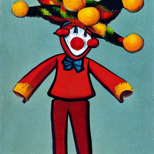 Image similar to A clown, in the style of Antonio Berni, highly detailed