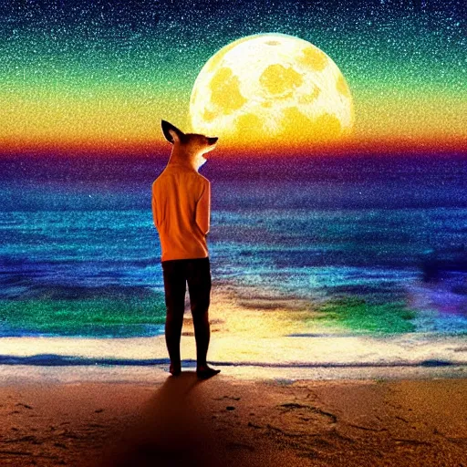 Prompt: long shot of a man with fox ears standing in the ocean, digital art, acrylic, detailed, glows, moonlight, bokeh, depth of field, colorful,