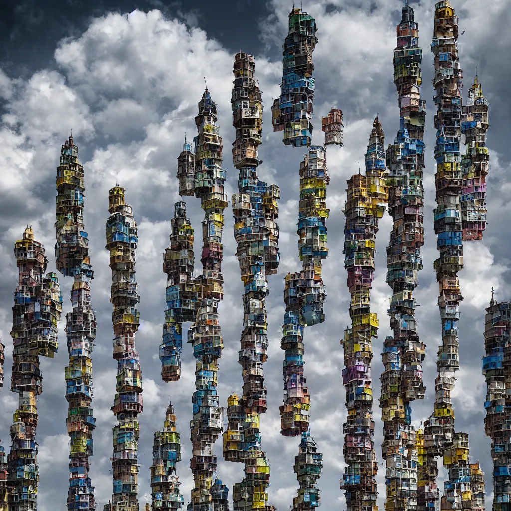 Image similar to close - up towers made up of colourful squatter housing, bleached colours, dramatic cloudy sky, dystopia, mamiya, very detailed, ultra sharp, photographed by john chiara