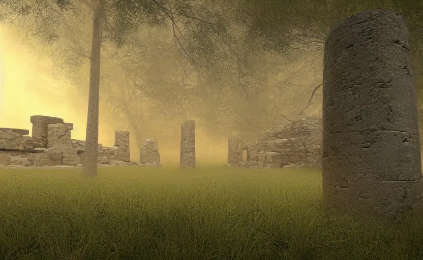 Prompt: incredible wide shot of the interior of a neolithic temple in the forest, dusk, light fog, digital art
