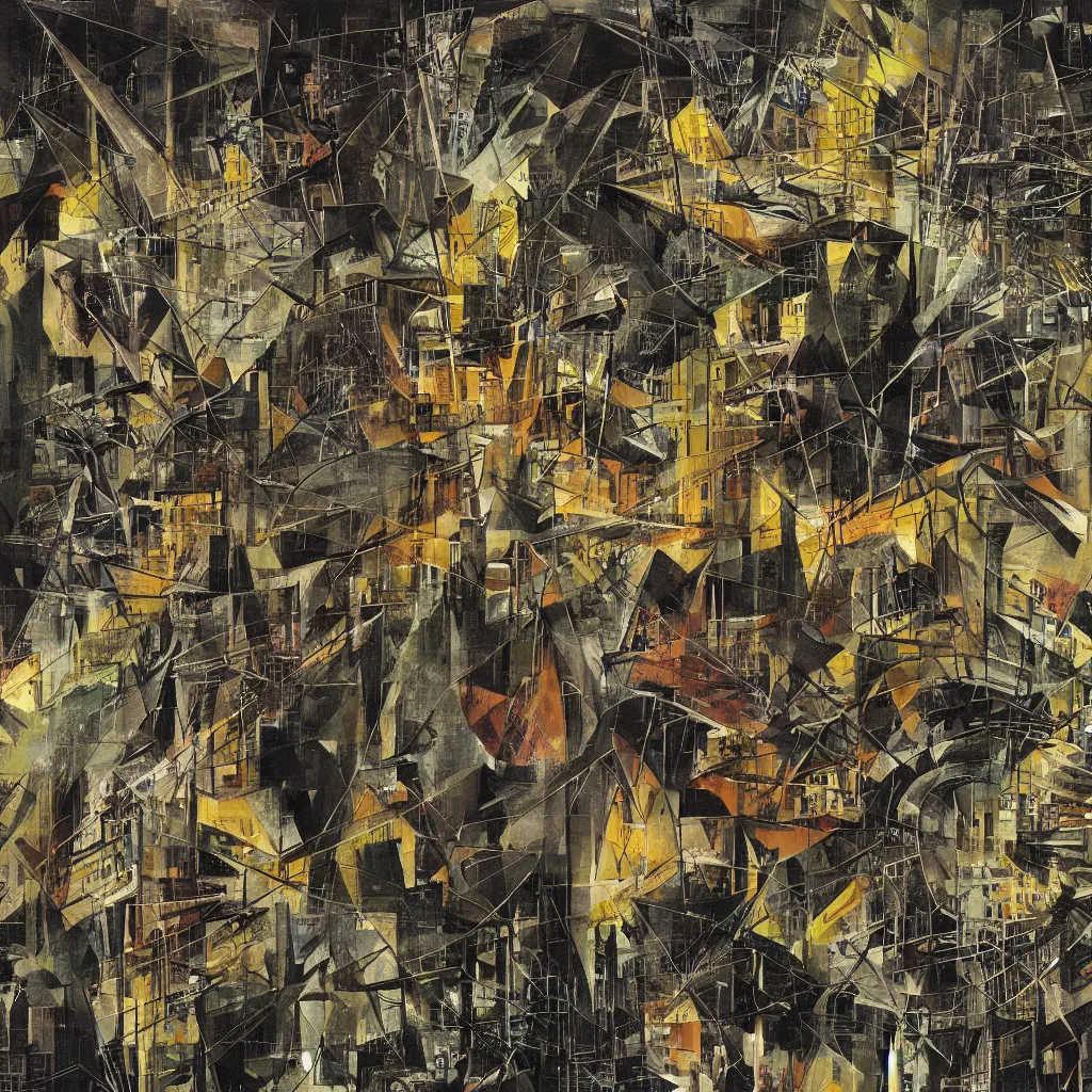 Image similar to digital birds fly over a progressively rasterized city of networks, oil on canvas by dave mckean and roberto matta