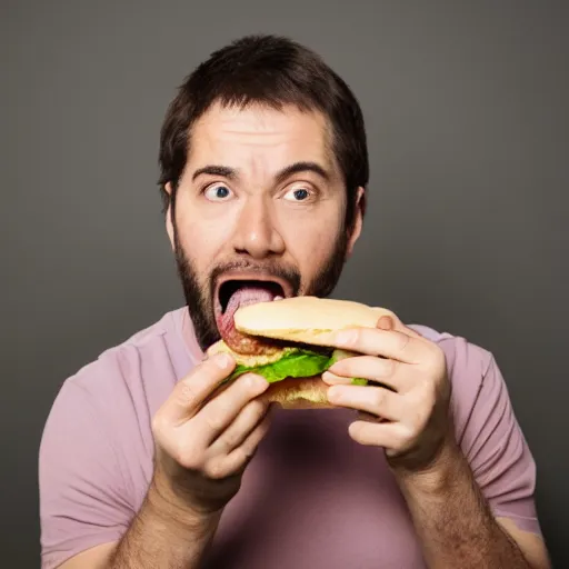 Image similar to a medium shot studio photograph of a man 35 years old eating a sandwich of microphone