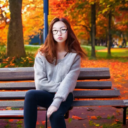 Image similar to highly detailed and intricate wlop artwork of a beautiful woman wearing casual clothes sitting on a park bench in the fall, volumetric lighting, extremely complex, trending on artstation, featured on behance, 4 k, 8 k, 1 6 k