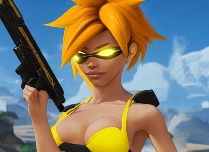 Image similar to tracer game character, in yellow bikini, blonde hair, black eyes, full height