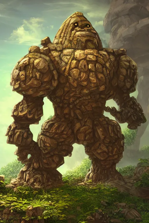 Image similar to zelda fantasy art giant golem troll wood rock greeble gemstone, global illumination ray tracing hdr fanart arstation by sung choi and eric pfeiffer and gabriel garza and casper konefal