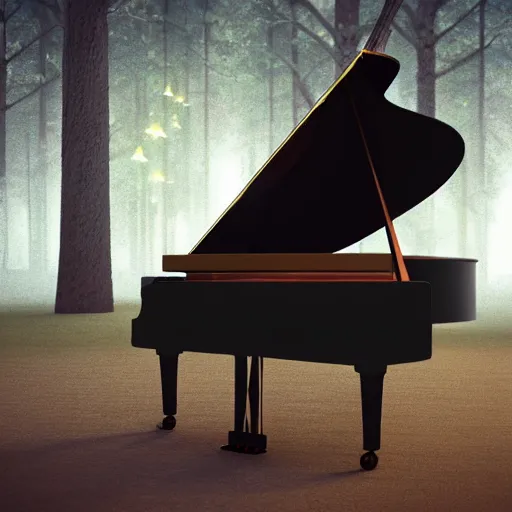 Prompt: grand piano made out of tree branches, trees, 8 k, octane render, magical, fireflies, leaves, beautiful, detailed