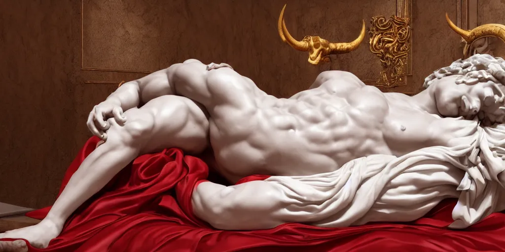 Image similar to baroque delicate full-body marble sculpture of reclining handsome horned teenage demon-boy laying back on a bed while checking notifications on a phone, red silk flowing fabric, marble white columns, Trending on artstation, octane render, cinematic, hyper realism, octane render, 8k, depth of field