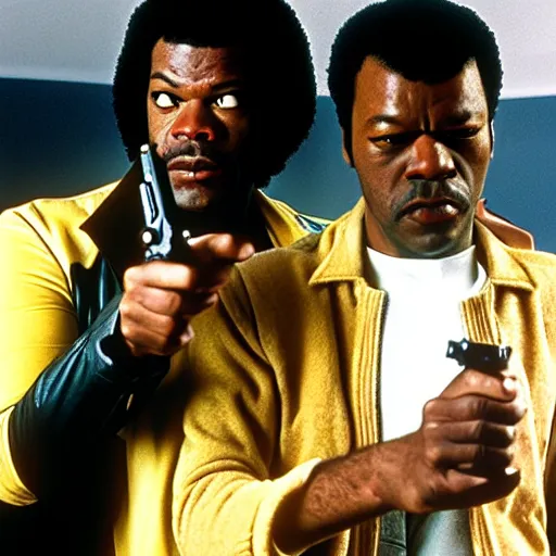 Prompt: jules winnfield pointing a banana as a weapon, pulp fiction, 8 k